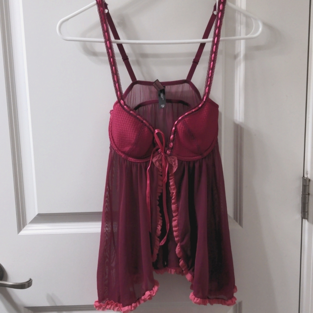 VTG VS Sexy Little Things 34B Deep Pink Teddy Lingerie Front Tie Intimates Bra